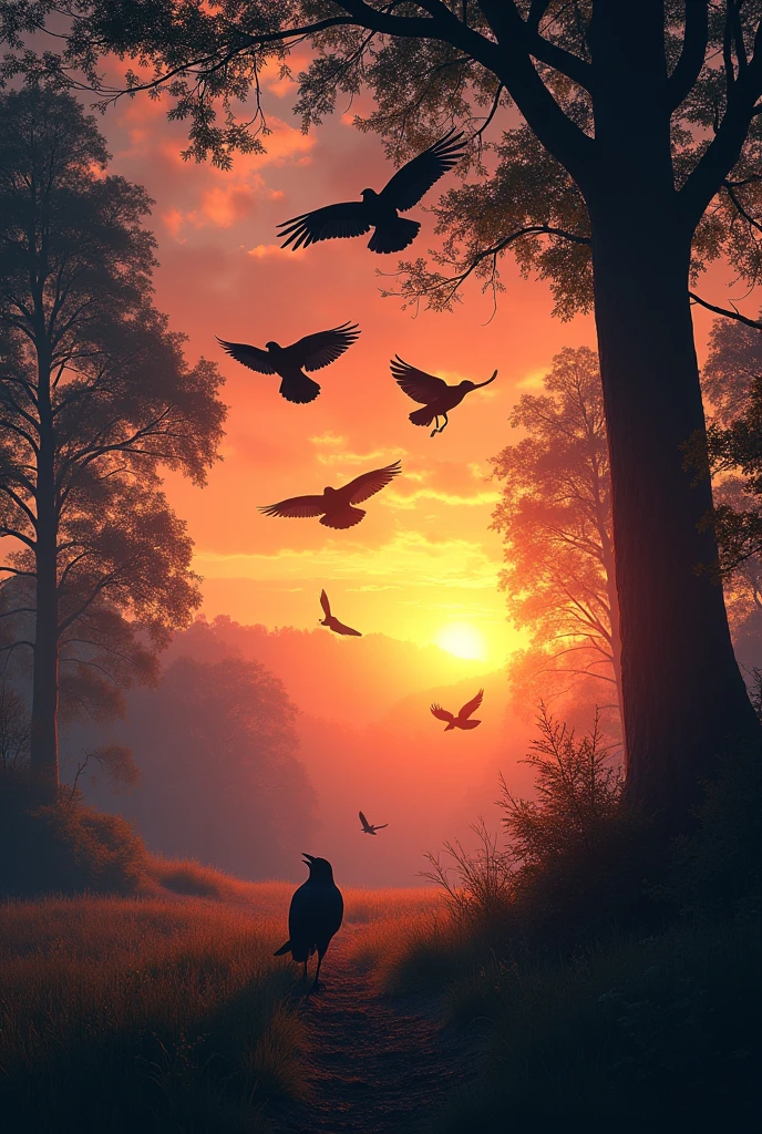 The crows fly back to their nests. There are trees and the sun is setting in the evening.