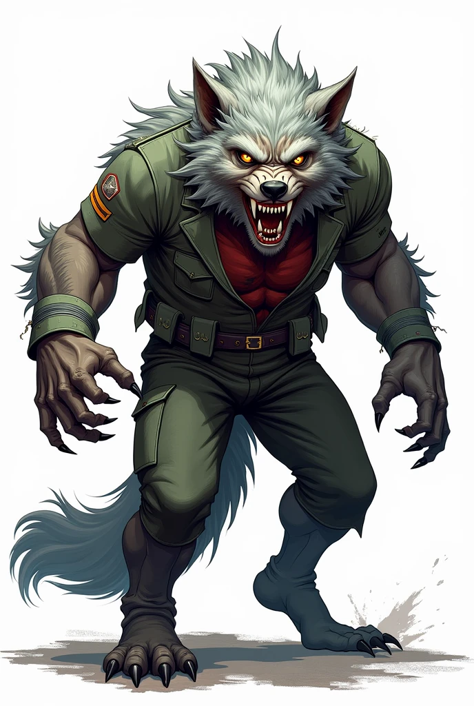 drawning, sharp colors, A werewolf, torn clothes of an airline pilot, gray hairs, yellow  eyes, scar on chest, ferocious, white background, fully body 