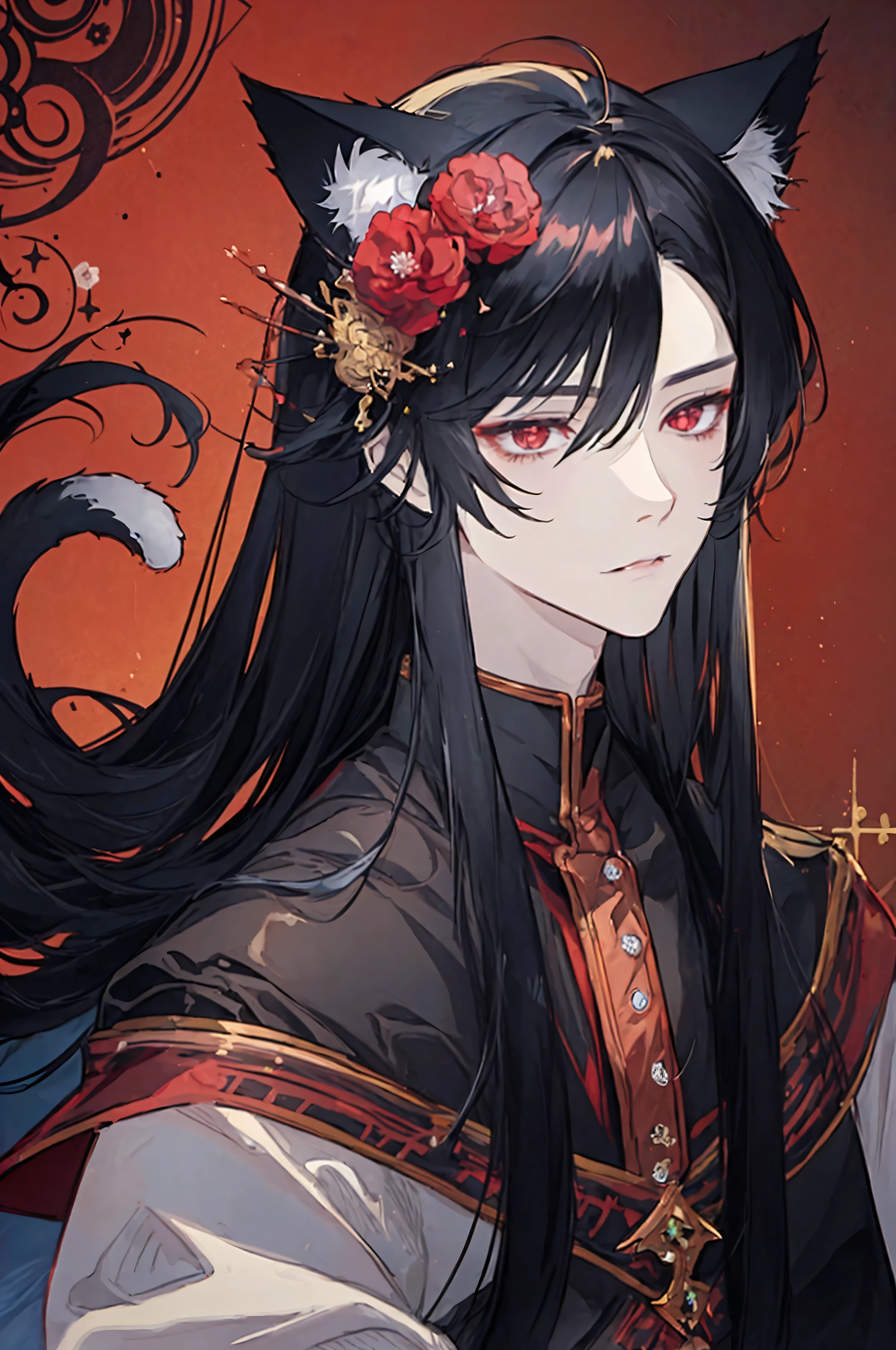 Man, male focus, solo, fluffy cat ears, cat tail, black hair, very long hair, red eyes, slit eyes, fair skin, fantasy clothing, anime, top quality, ultra definition, Illustration, high resolution, fantasy background