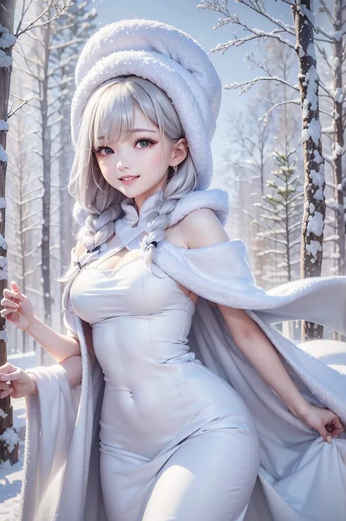 masterpiece、Highest quality、1 girl, winter, white hair, Cute girl, smile, close mouse, medium breasts, off shoulder, cleavage,  white dress, winter clothes, Fur coat、Small waist、Thin legs、outdoors, snow falling, in the forest and 湖