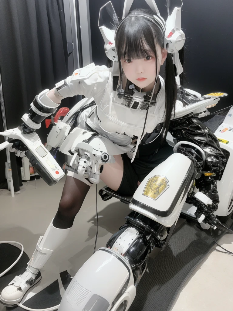 masterpiece, Highest quality, Very detailed,Japanese anドロイド woman,Plump ,Control panel,Activation,Android,Mechanical Hand,Robotic arms and legs, White Robot Parts,Black Hair,Dark black knee-high socks,Black sponge joint,Blunt bangs,White robot body,Ceramic body,Perfect Cyborg Girl,