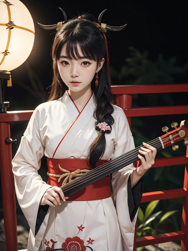 Japanese Instrument Band, violin, Shamisen, Shakuhachi, Big taiko drum, Japanese drum, Sho, men and women6people, Demon Mask, Tengu Face, Noh mask, Demon Cosplay, Karasutengu, asianbeauty, 8k, 4K, real, Realism, reality, Ultra HD, Asian, beautiful girl, High Quality, Highvision, Hyperdetail, Tattoos on the face, Japanese Tattoo, Japanesetattoo, the highest, image quality, the high-definition, beautiful face, beautiful eyes, impressionism, 8k, 4K, High Quality, Highvision, Hyperdetail, Shrine grounds, Moonlit Night, cool images