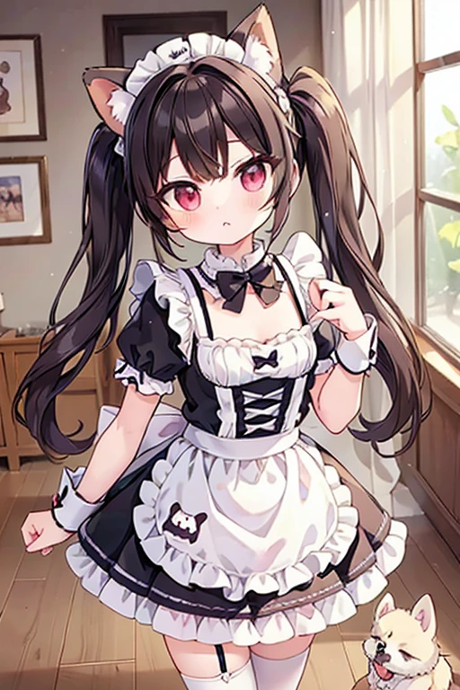 Highest quality,masterpiece,dogcafe,Girl clerk,Maid clothes,(Pomeranian,Multiple small dogs 1.3),Anime Style,cute,Twin tail hair,NSFW,