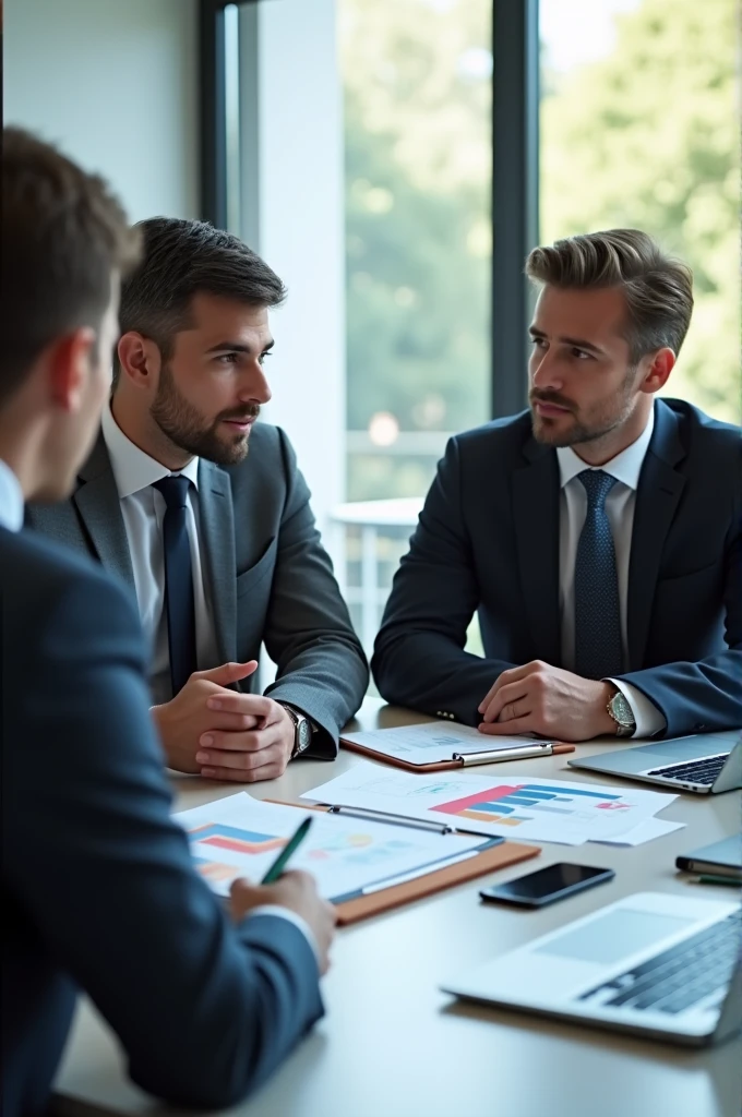 The image shows two business professionals in a meeting, discussing a document on a clipboard. The document features various colorful charts and graphs. One person is holding a pen and pointing at a specific chart, while the other listens and engages in the discussion. Two laptops are visible on the table, adding to the collaborative business setting. The scene reflects teamwork, data analysis, and strategic planning.