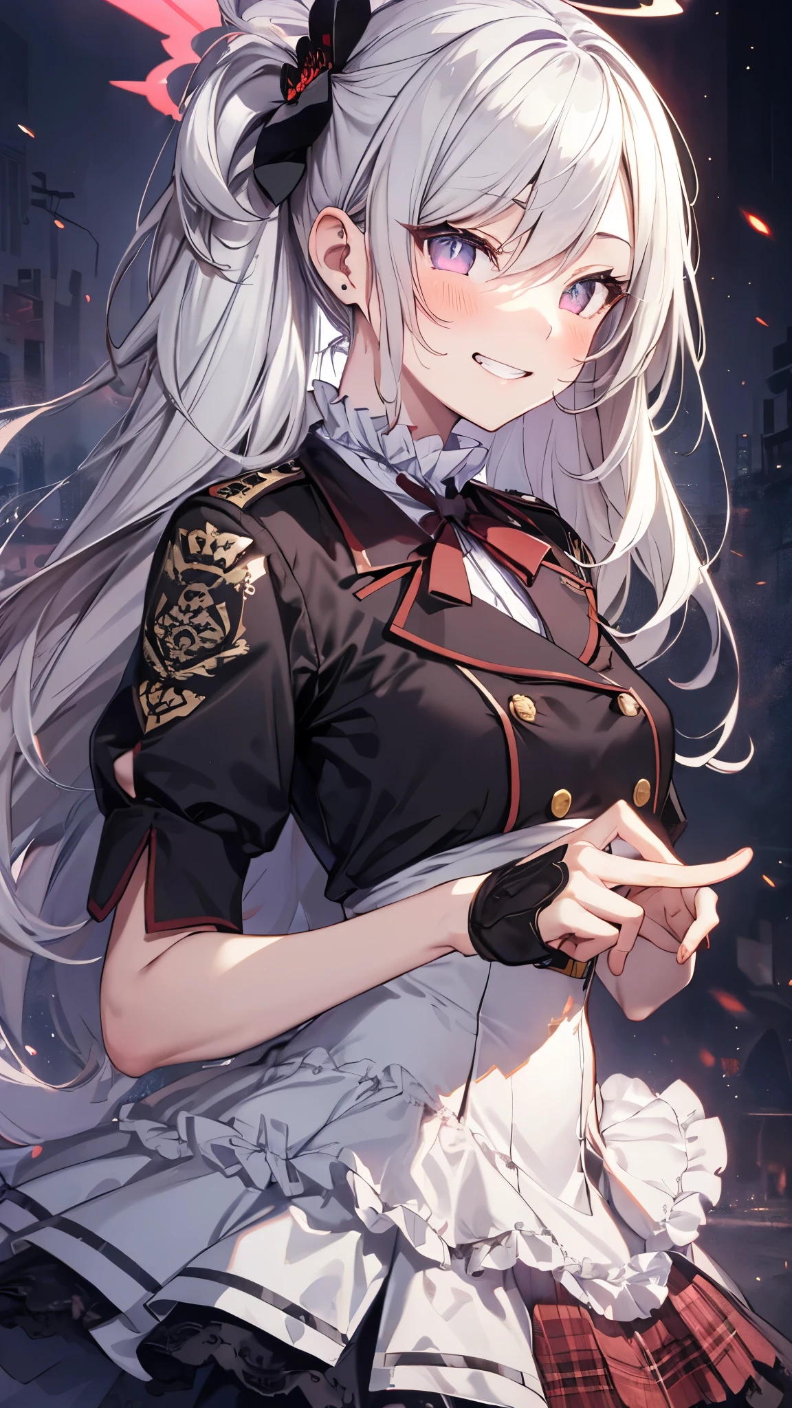 (cowboy shot),1girl,mutsukidef,(chibi:1.2),gray hair,long hair,pony tail,Fit and flare dress,Hair Ornaments,halo,grin,masterpiece,Noise Reduction,perfect anatomy,high resolution, ultra-detailed, ultra-detailed face,game cg,dutch angle ,beautiful detailed eyes,visualart,five fingers, perfect hands, perfect lighting, sparkling pupils,