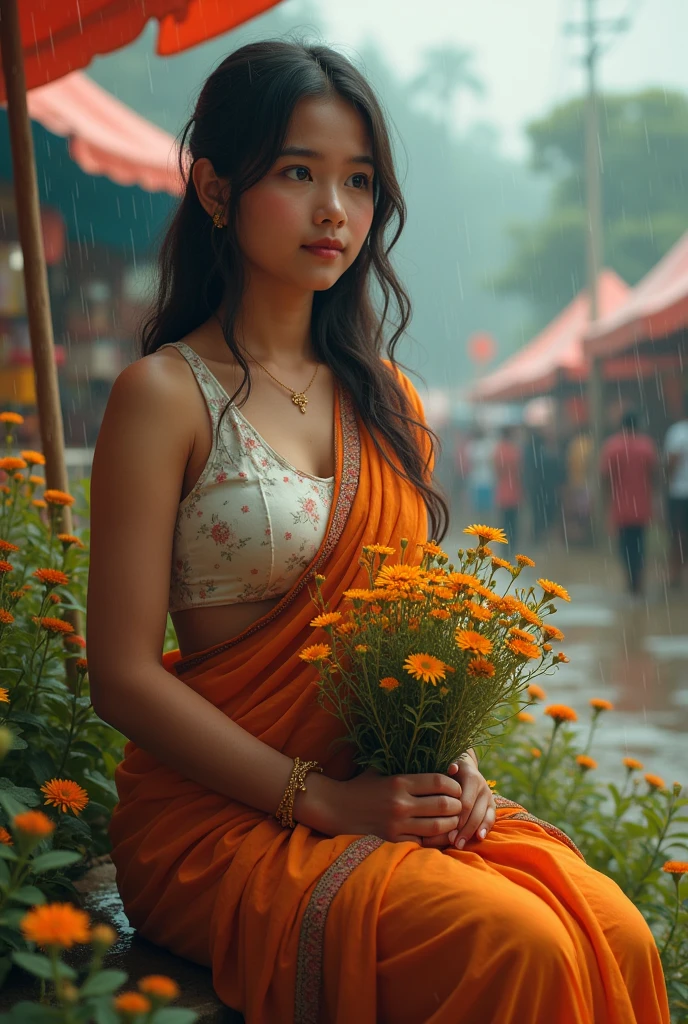 A Bengali girl sitting on a fair with wild flowers in her hand,rainy season , big boobs