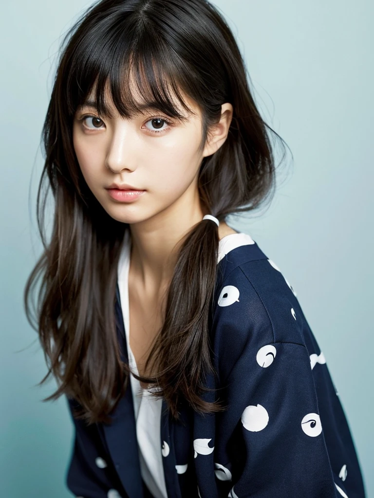 (masterpiece), (highest quality), (Super detailed), (messy hair), (shape), (one japanese girl), (fashionable clothes), Are standing, Fashion Model, (interview), (simple black and navy background), fine and beautiful eyes, delicate beautiful face, floating, (high color saturation), focus on face, ponytail, black hair, bangs,floating Hairs, (shining), best writing, best shadow,stylish living room