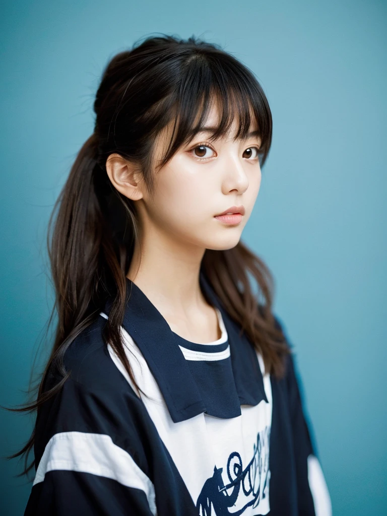 (masterpiece), (highest quality), (Super detailed), (messy hair), (shape), (one japanese girl), (fashionable clothes), Are standing, Fashion Model, (interview), (simple black and navy background), fine and beautiful eyes, delicate beautiful face, floating, (high color saturation), focus on face, ponytail, black hair, bangs,floating Hairs, (shining), best writing, best shadow,stylish living room