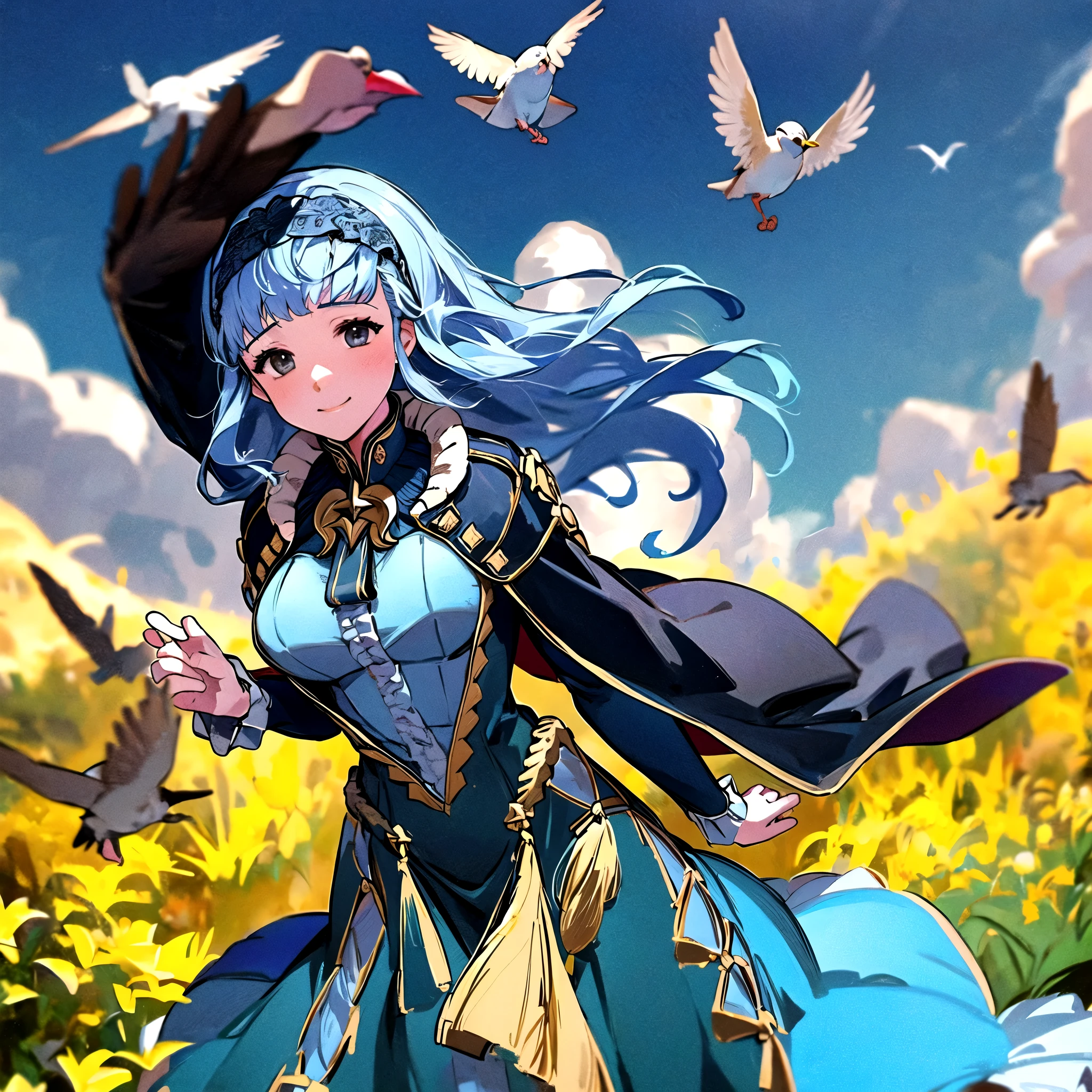 masterpiece, best quality, Marianne3Hopes, long hair, blue dress, capelet, hairband, bird on hand, cowboy shot, smile, sky, outdoors