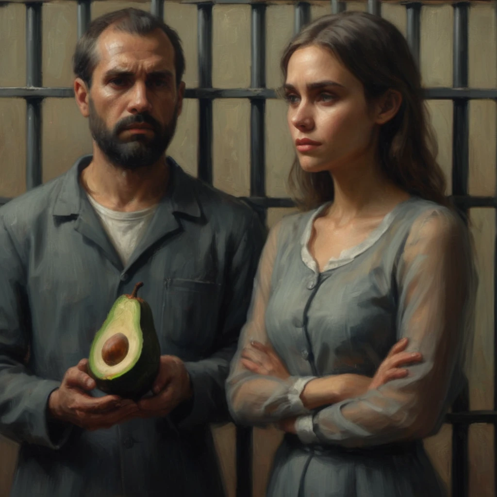 a sad prisoner looks out of his cell through metal bars with hands on the bars, holding an avocado on his hand, in the foreground one girl lawyer in transparent clothes, 4k, UHD, master pièce