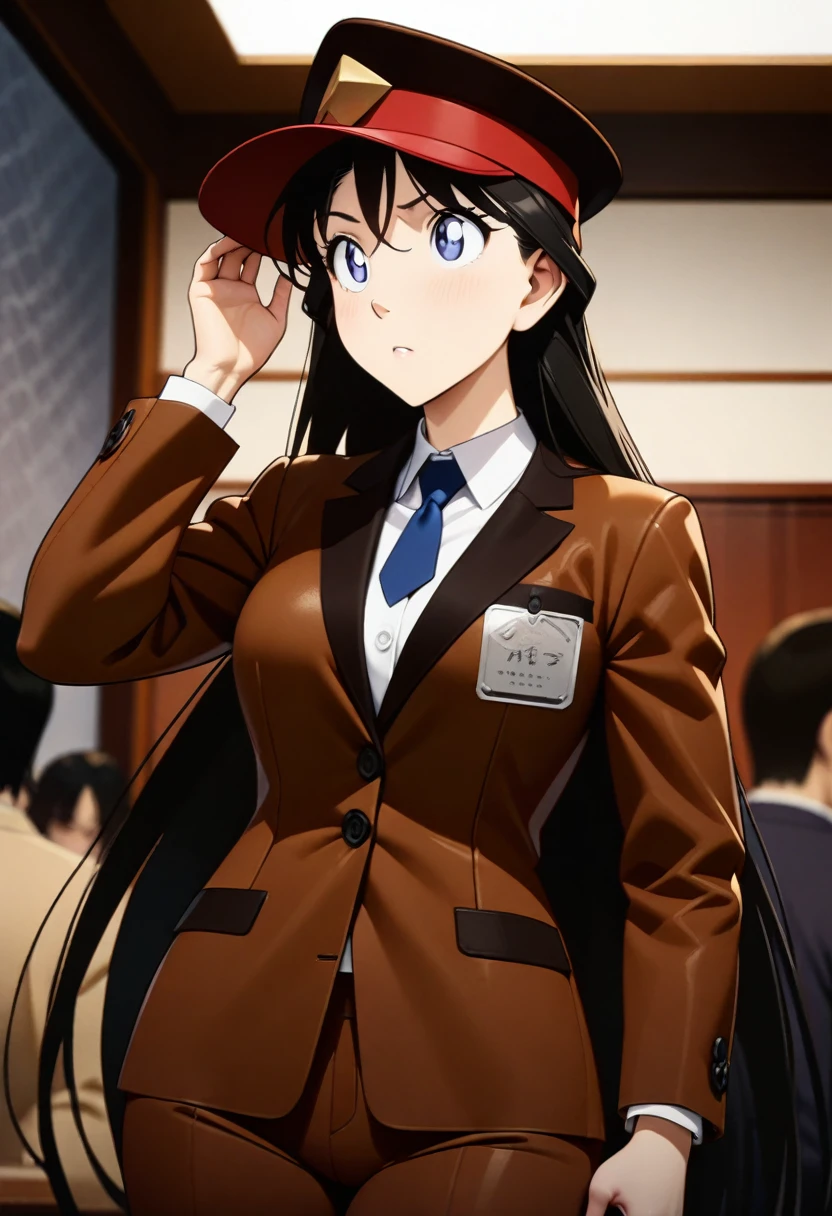 (Black, Brown jacket, Lady hat：1.3），beautiful girl， whole body，Perfect body, Black Hair, Long hair, （Japanese cartoons, , Ultra HD, masterpiece, precise, Anatomically correct, Super Detail, Textured Skin, High Detail, high quality, The award-winning, best quality, high resolution, 8K：1.3）
