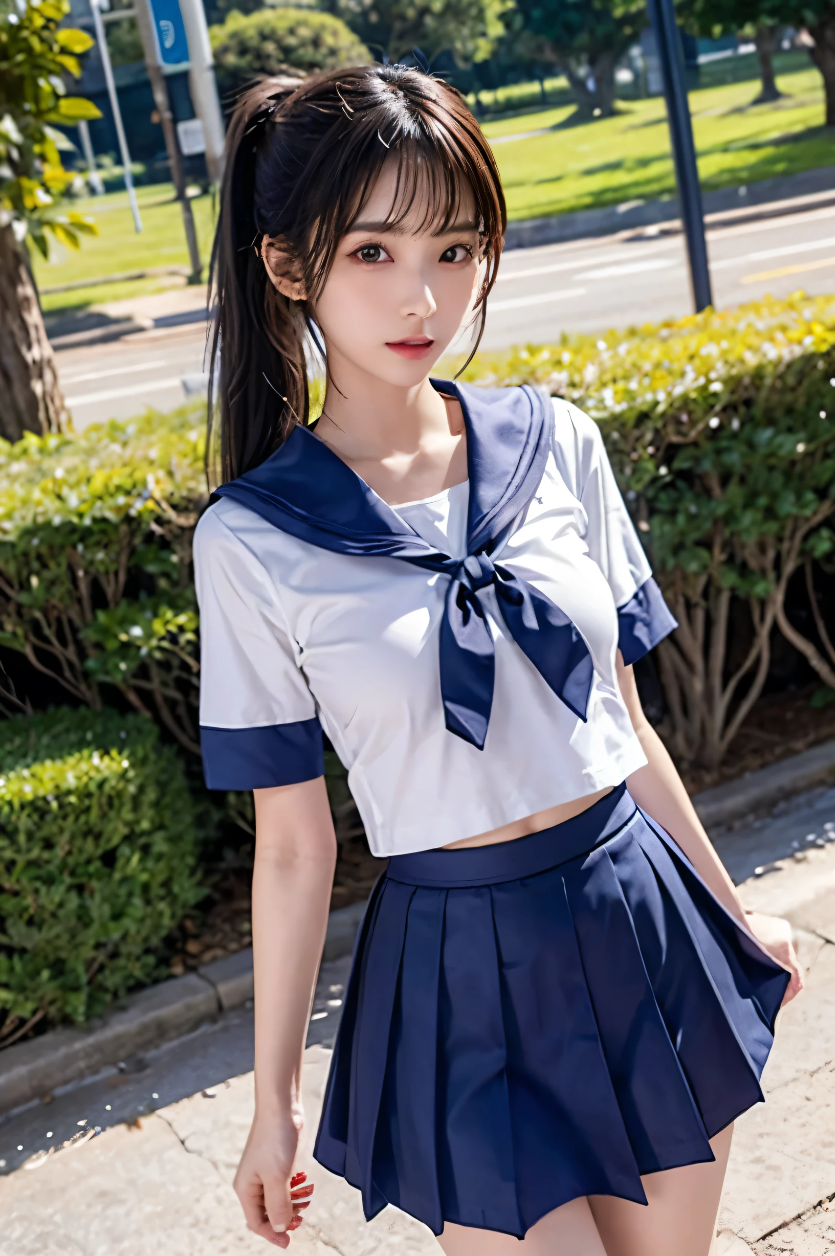 (Ultra HD), Low angle shot, (Short-sleeved sailor uniform, Extremely short navy blue skirt), Big Breasts, slender, Narrow waist, (The belly button is visible:0.8), whole body, Standing posture, (Clean and shiny skin, Whitening, No makeup), (Super slim face, Super beautiful face), (top ponytail, Layered Cut, Fluffy hair), (double eyelid, Slanted Eyes), Small Nose, Thin lips, Thin legs, In front of the school gate