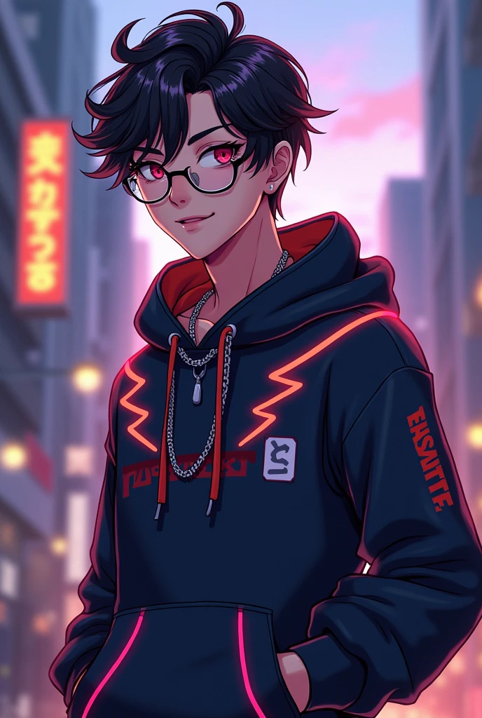 Generate an image of a stylish age anime  boy looking directly at the viewer and straight , reminiscent of a passport photo. He wears a hoodie with eye-catching neon accents, a chain necklace around his neck, trendy glasses, and impeccably styled hair, exuding urban confidence against a city backdrop and hand in pocket  shiny hair
