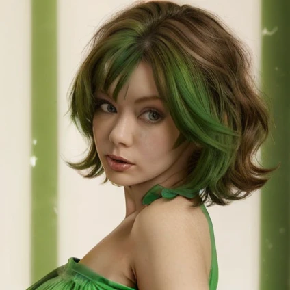 1 girl, green hair, Red eyes, dress, short hair, (One:1.3),  