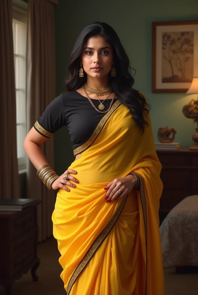A sexy woman wearing yellow Colored saree with black colored blouse standing in her room