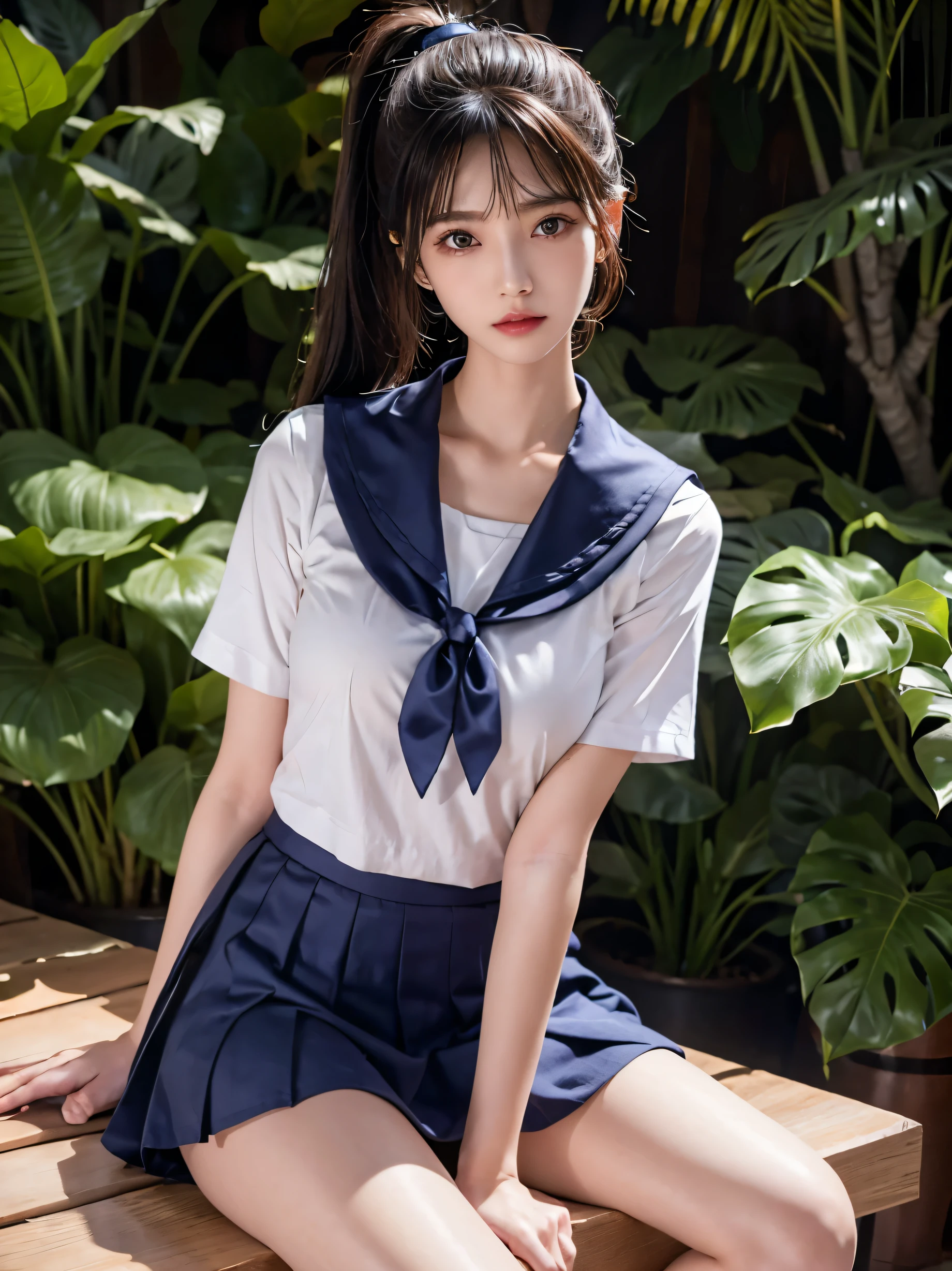 (Ultra HD), (Short-sleeved sailor uniform, Extremely short navy blue skirt), Big Breasts, slender, Narrow waist, (The belly button is visible:0.8), (I can see your pants), whole body, (Clean and shiny skin, Whitening, No makeup), (Super slim face, Super beautiful face), (top ponytail, Layered Cut, Fluffy hair), (double eyelid, Fox eye), Small Nose, Thin lips, Thin legs, Sitting on a bench, (wariza:1.2)