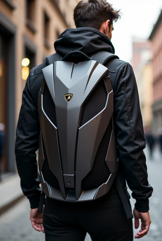 Design me a backpack that looks like the front of a Lamborghini car, whose closure would be that of a hood with a magnetic system