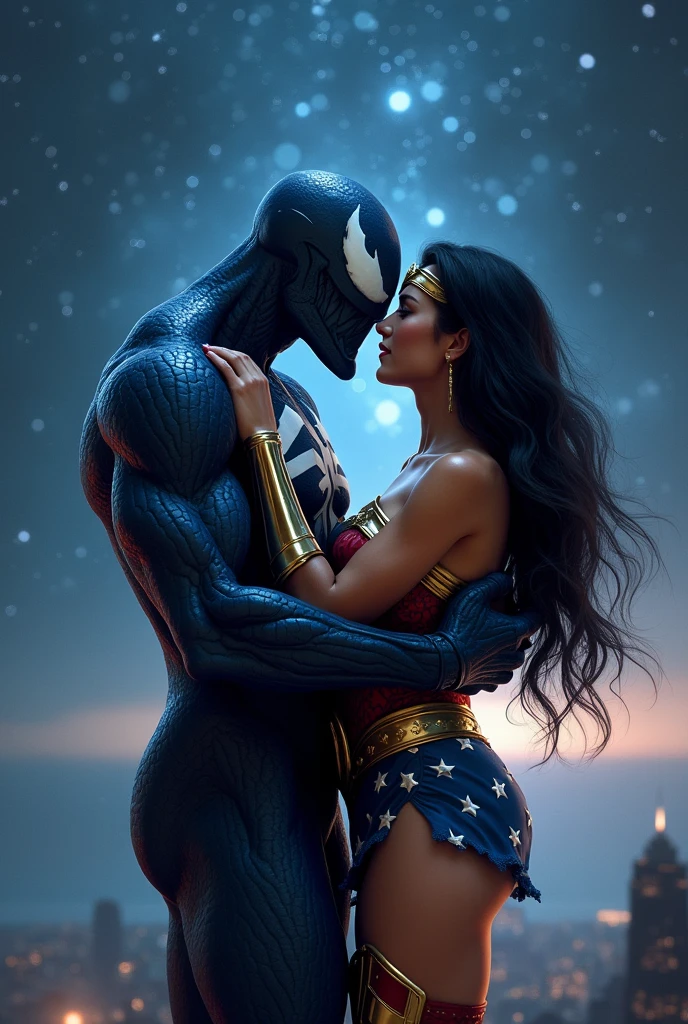 Venom and Wonder Woman Romantic Dance: "Venom and Wonder Woman slow dancing under a canopy of stars, with a soft glow illuminating their faces. Venom's usually menacing expression softened as he gazes lovingly into Wonder Woman's eyes.