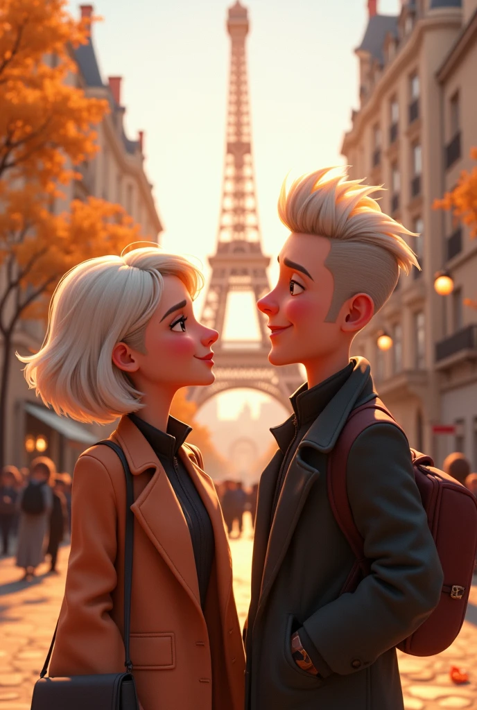 Animated image of friendship, where the number 10 stands out, since it is the important date. Let it be a man and a woman with platinum hair and light skin. Let both be urban style. That they are in Paris, make it pixar style