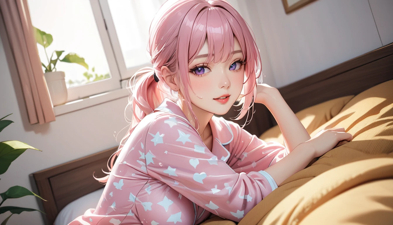1 girl, (masterpiece,highest quality,超A high resolution), (((Very beautiful 25 year old girl))), look at the photographer、 ((beautiful low ponytail)), super cute face, glossy lips, double eyelids in both eyes,natural smile、 natural makeup, long eyelashes, Shiny and smooth light pink hair、perfect limbs, perfect anatomy,(((comfy pajamas)))、,(wet with sweat),,turn around and look back,See-through