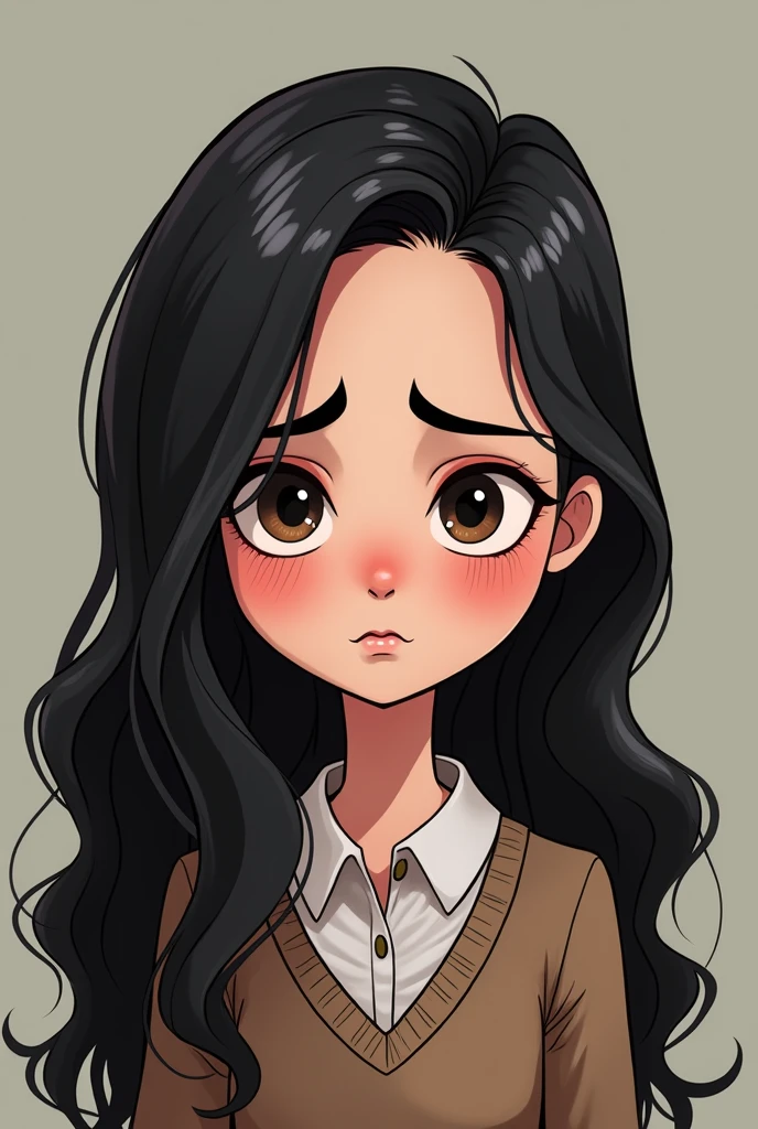 ((cartoon))((high quality))... Girl, long black hair, face resembling emma watson, getting scolded by a mean lady, her face calm and sad