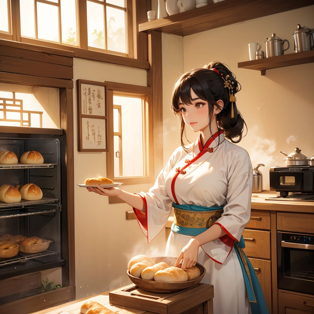 Beautiful girl in ancient Chinese costume Standing in the kitchen Baking bread in front of a large oven  in the middle of the day. The sun shines on my face, my eyes sparkle. There is a place for steaming steamed buns nearby.
