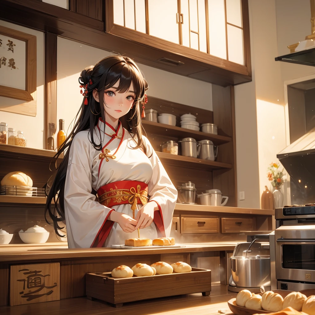Beautiful girl in ancient Chinese costume Standing in the kitchen Baking bread in front of a large oven in the middle of the day. The sun shines on my face, my eyes sparkle. There is a place for steaming steamed buns nearby.