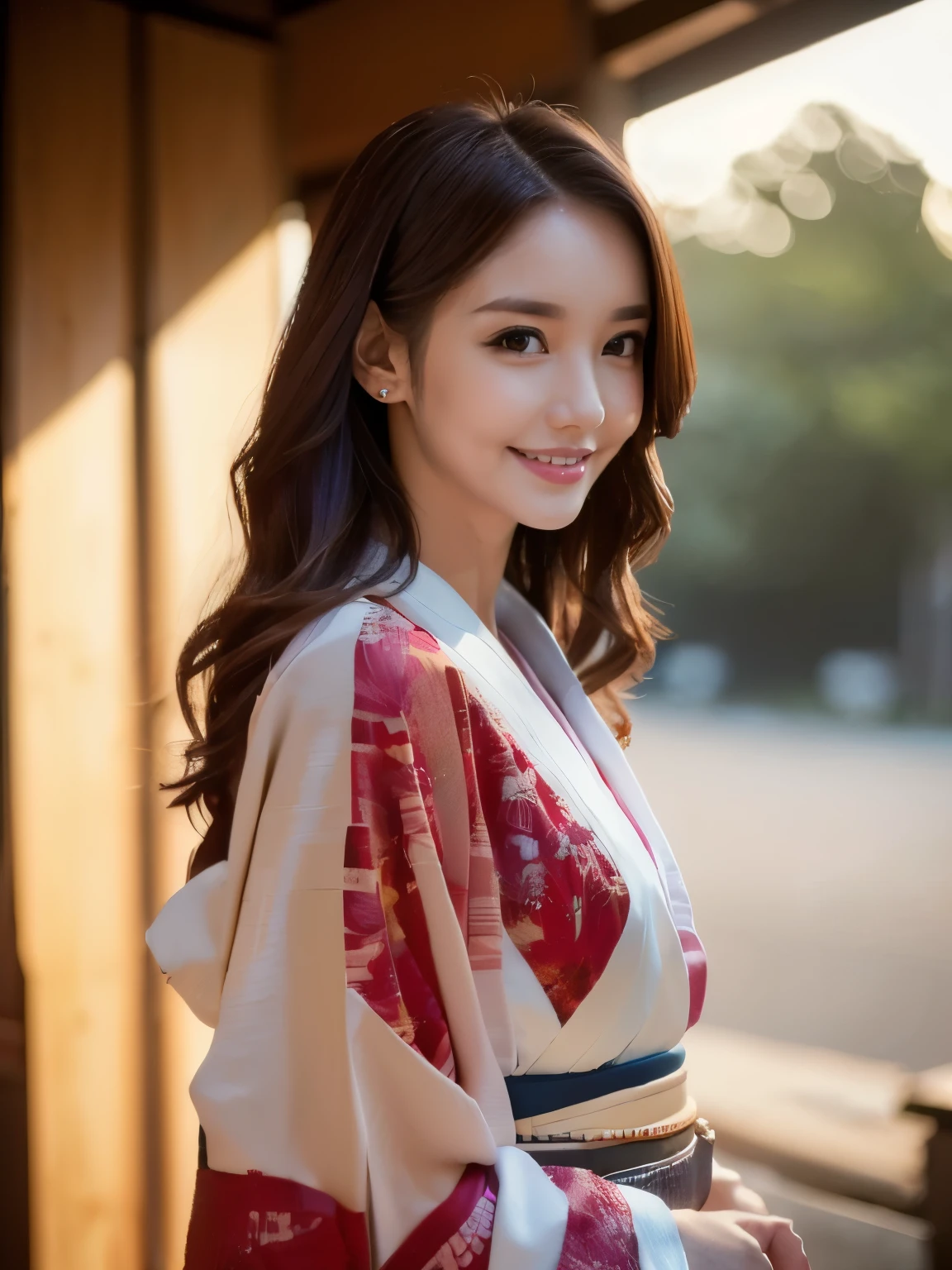 1woman, solo, close up, slender,((kimono and obi)), soft smiling, (best quality,8k,highres,masterpiece:1.3), ultra-detailed, (realistic,photorealistic,photo-realistic:1.37), portrait, cinematic, warm lighting, medium format, golden hour, dramatic shadows, vibrant colors,((hair down)),