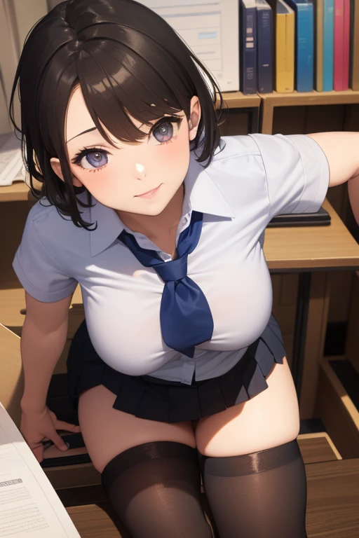 girl having a crush on the boy that's sitting infront of her as she sits on her desk, perfect body, big breasts and ass, schoolgirl uniform, short skirt, pretty face