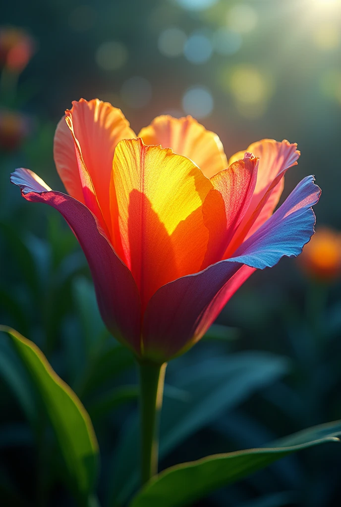 a vibrant, multicolored flower that glows faintly in the sunlight