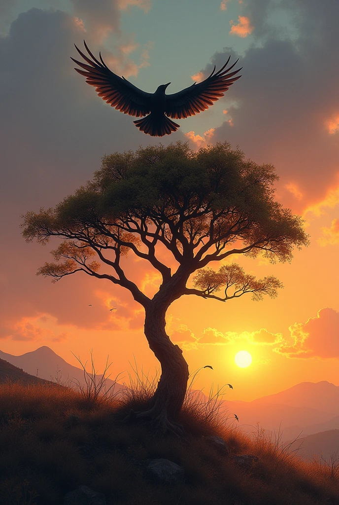 The crow flies back to its nest. There is a single tree. The sun is setting in the evening.