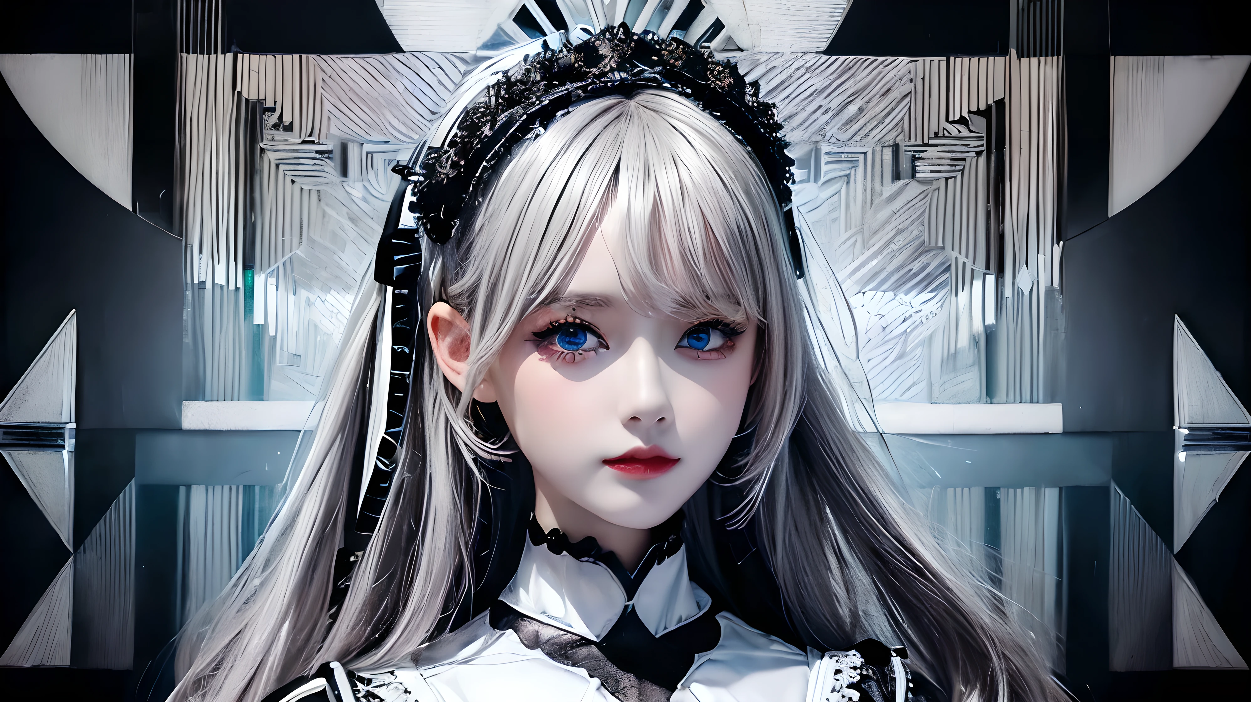 (digital art:0.2),(geometric art:1.7),(top-quality),(masterpiece),Delicately drawn face,girl with a pretty face,beautiful detailed blue eyes,Gothic Lolita Fashion,((Black and white costume)),(Beautiful silky silver hair:1.2),black ribbon hair ornament,Film Lighting,abstract,a beautiful artistic illustration,geometric background
