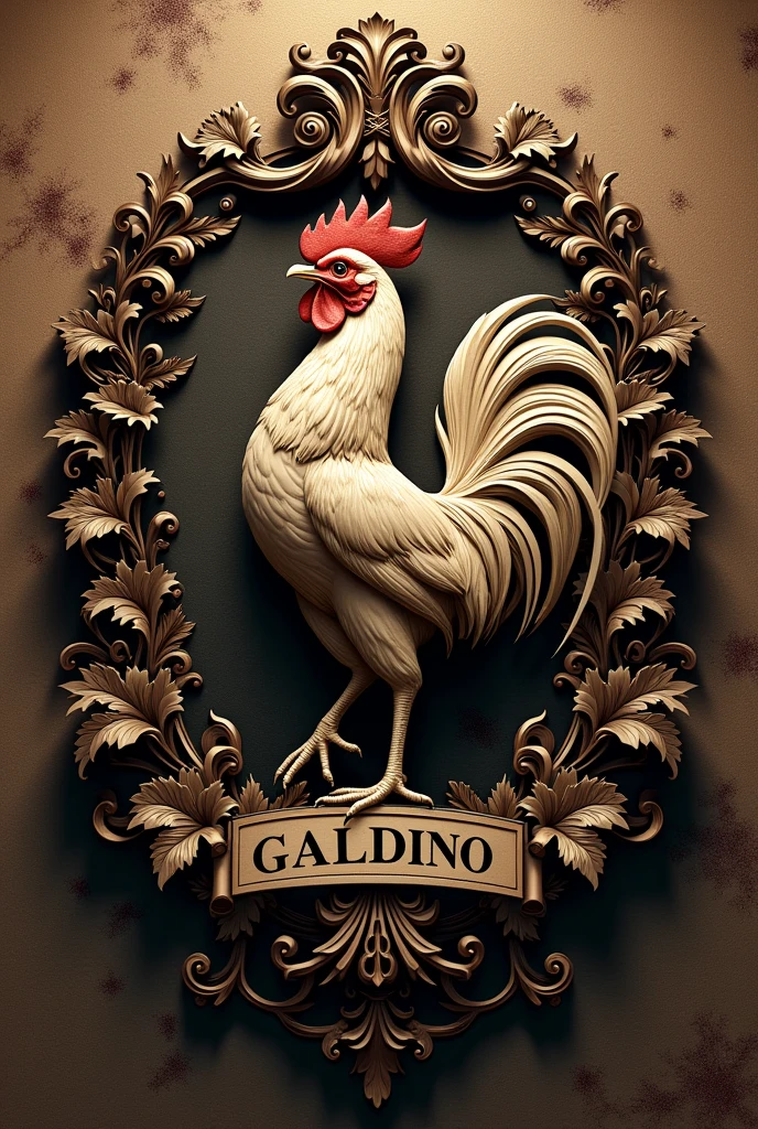Written coat of arms: GALDINO, with elements like a rooster, and the year 1892 engraved.