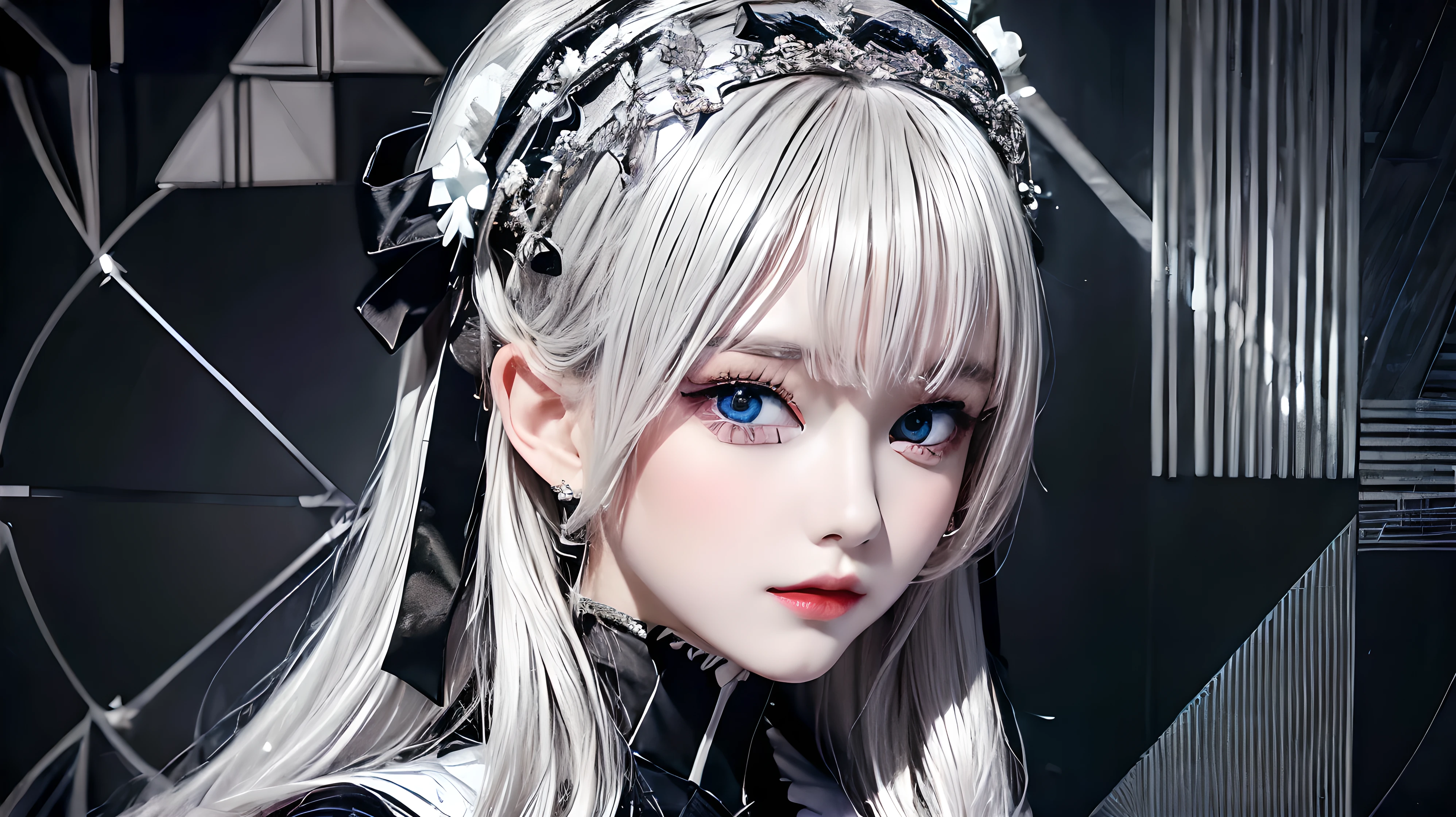 (digital art:0.2),(geometric art:1.7),(top-quality),(masterpiece),Delicately drawn face,girl with a pretty face,beautiful detailed blue eyes,Gothic ta Fashion,((Black and white costume)),(Beautiful silky silver hair:1.2),black ribbon hair ornament,Film Lighting,abstract,a beautiful artistic illustration,geometric background