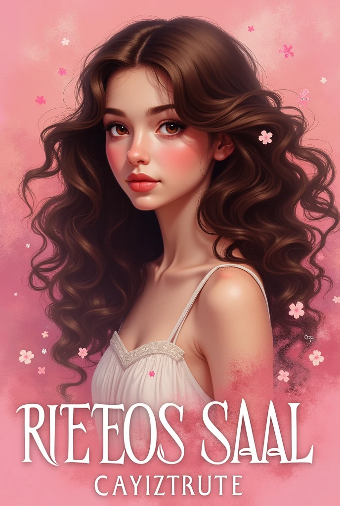 A book cover that has pink in it, letters and a girl with brown curly hair