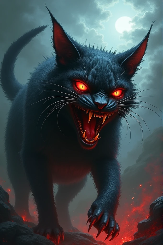 A haunting depiction of a demonic cat with dark, cracked skin and glowing red eyes, screaming in rage. The cat's face is distorted with sharp, pointed teeth, and its wild fur appears almost alive, twisting into chaotic shapes. The background is a stormy sky, with ominous clouds and hints of red glowing embers, adding to the eerie and unsettling atmosphere. The style is dark, intense, and highly detailed, emphasizing the terrifying and malevolent presence of the figure.