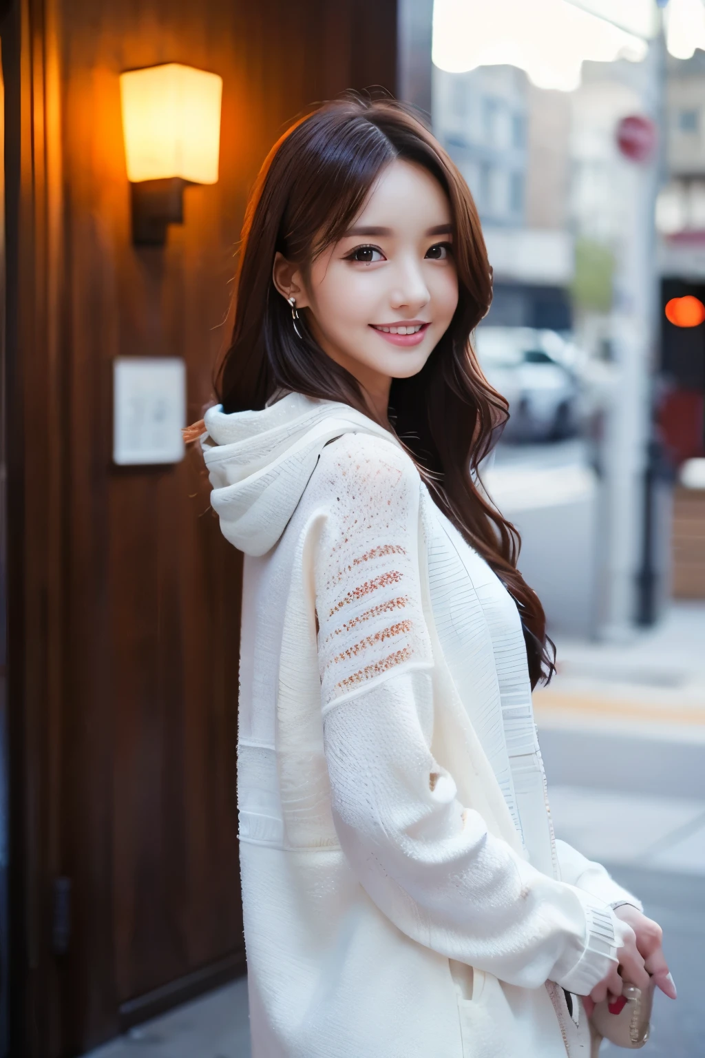 One Girl, (Wearing a white coat:1.2), (RAW Photos, Highest quality), (Realistic, Photorealistic:1.4), masterpiece, Very delicate and beautiful, Very detailed, 2k wallpaper, wonderful,((White sweater)) ,In detail, Very detailed CG Unity 8K 壁紙, Very detailed, High resolution, Soft Light, Beautiful detailed girl, Very detailed目と顔, Beautifully detailed nose, Beautiful attention to detail, Cinema Lighting, winterの夜景, illumination, Perfect Anatomy, Slender body, smile,((winter)),