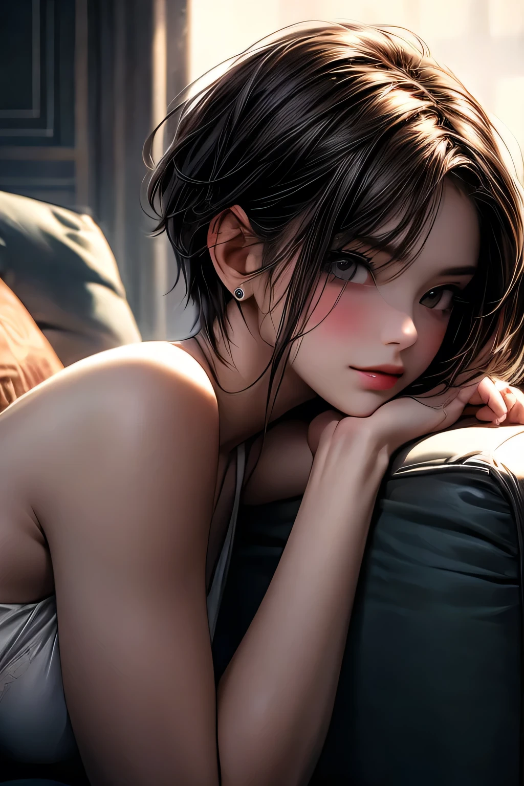 A cute girl in a room, sitting on the couch, beautiful detailed eyes,beautiful detailed lips, short hair, brown hair, extremely detailed eyes and face,longeyelashes,illustration,ultra-detailed,best quality,4k,8k,highres,masterpiece:1.2,ultra-fine painting,sharp focus,professional,vivid colors,portraits, light smile, dark aura