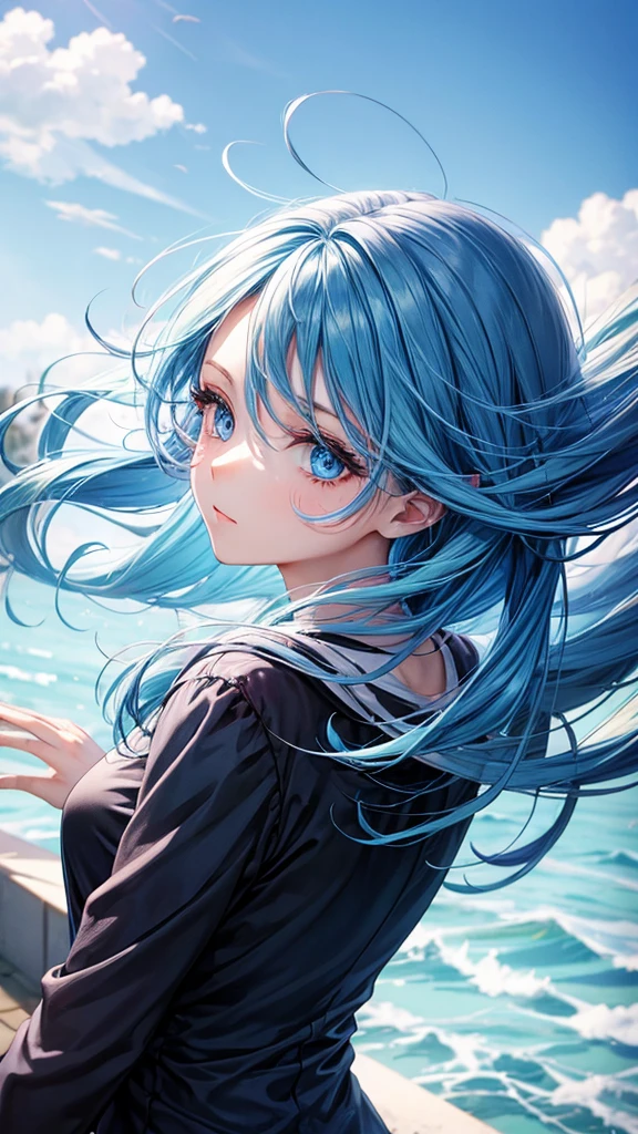 Woman Blue hair Blue eyes Cool Highlight color hairstyle, Hair blowing in the wind,