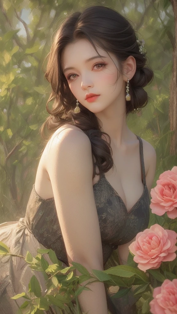 Girl with big eyes, Excited expression, Dark Gothic Makeup, double eyelid, Long eyelashes, Gothic Dress、Beautiful and detailed, Beautiful and dark lips, High resolutionの顔, Long eyelashes, Structure of the film, (Highest quality,4K,8k,High resolution,masterpiece:1.2),Very detailed,(Realistic,photoRealistic,photo-Realistic:1.37), Sitting 、Moisturizing the skin, Sweaty, barefoot, In ecstasy, Embarrassing, Soaking wet, Chained, In a stained glass room,Gothic luxury room、Roses、Surrounded by roses