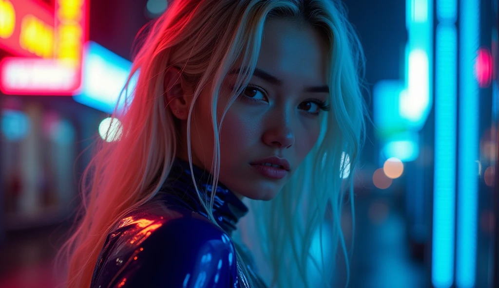 ((best quality)), ((masterpiece)), (detailed), ((background Cyber)), wet look, ((blond long Hair)), ((Intricate detailing, in the night time, Contre-Jour, random neon color, View from afar, random pose, blue latex bodysuit, face focus, hell picture, light face, big boobs)), (face brightly lit), ((full body view)), 8k