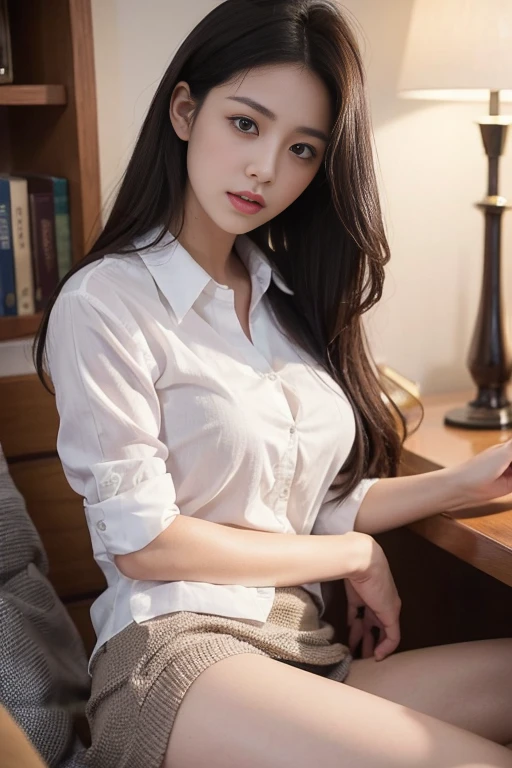 (Sitting posture 1.3),(Facing straight ahead 1.3),(1 girl),(Stock Highlight 1.3),(Shirt 1.3),(Cardigan 1.3),(Panties 1.3),Dynamic Angle,Attention to detail,Depth of written boundary,135mm,Textured skin,Super detailed,high quality,Awards,最high quality,High resolution,8K,White skin,Sun light,stylish,Perfect composition,最high quality,Very detailed,masterpiece,Cute face,Big smile,Beauty,Age 25,At the office,Sit on a chair,Tabletop,supreme beauty,masterpiece,
