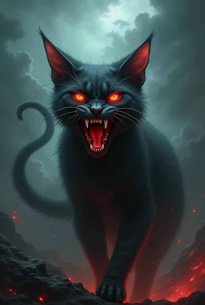 A haunting depiction of a demonic cat with dark, cracked skin and glowing red eyes, screaming in rage. The cat's face is distorted with sharp, pointed teeth, and its wild fur appears almost alive, twisting into chaotic shapes. The background is a stormy sky, with ominous clouds and hints of red glowing embers, adding to the eerie and unsettling atmosphere. The style is dark, intense, and highly detailed, emphasizing the terrifying and malevolent presence of the figure.