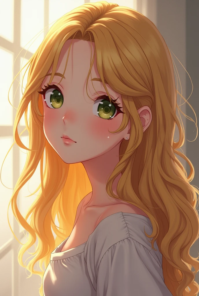 Young girl, girl +14, wavy hair, blonde hair, low long hair, anime eyes