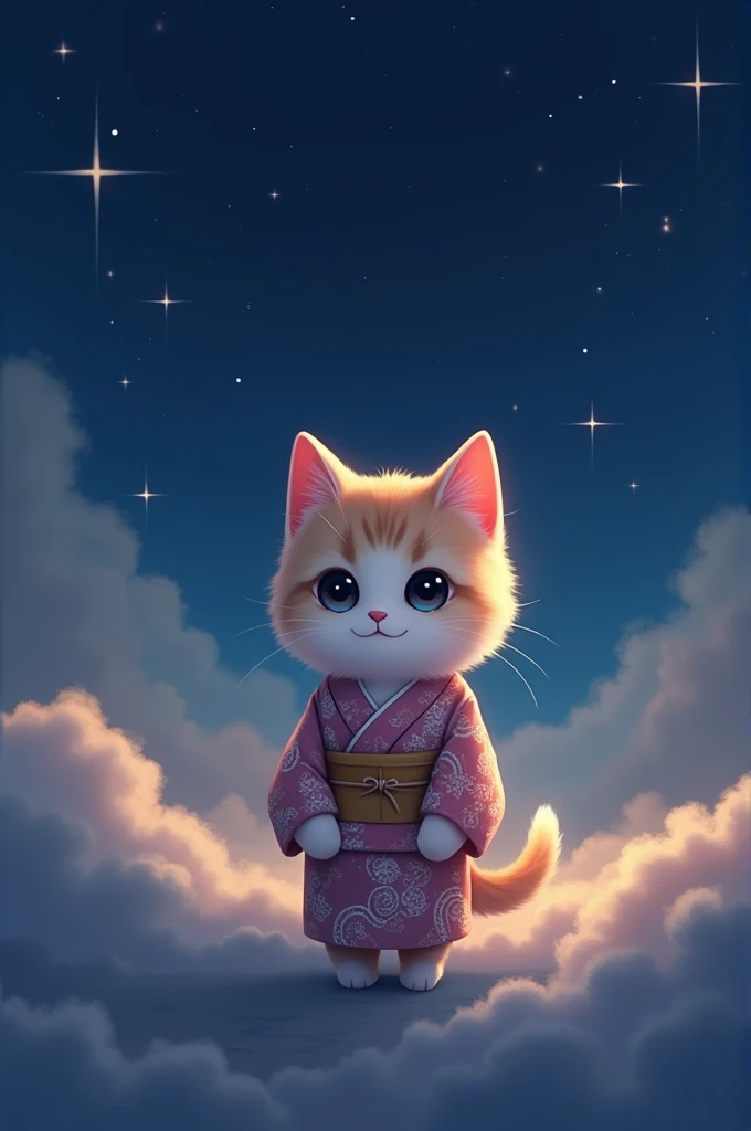 Night sky, a small cute cat in a yukata