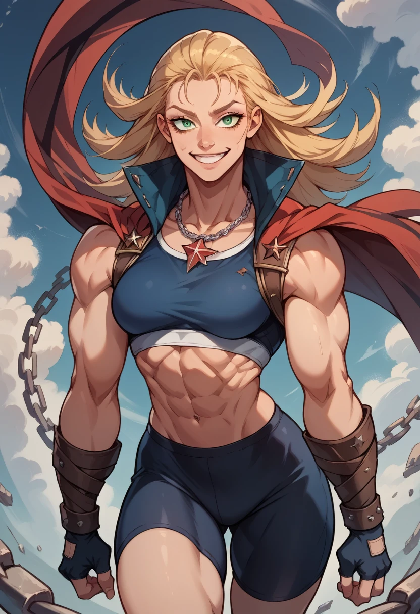 Cathleen Bate, blonde hair, blunt bangs, makeup, green eyes, smile, upper body, solo, muscular body, fingerless gloves, blue sports bra with stripes with red star and stripes shorts, big chain necklace, toeless legwear, bike shorts, white open gi shirt, (insanely detailed, beautiful detailed face, masterpiece, best quality) 