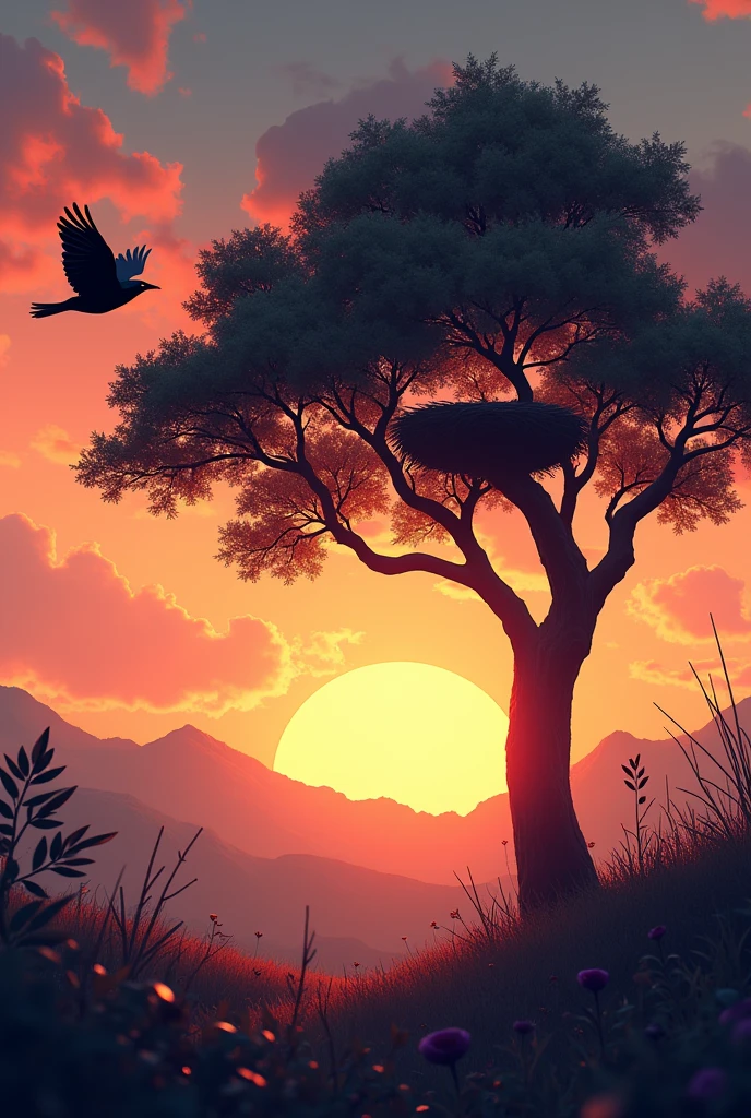 The crow flies back to its nest. There is a single tree. The sun is setting in the evening.
