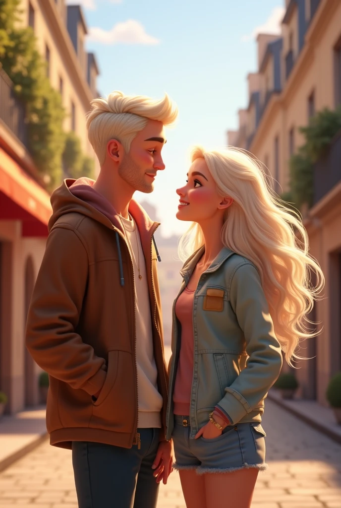Animated image of friendship, where the number 10 stands out, since it is the important date. Let it be a man and a woman with platinum hair and light skin. Let both be urban style. That they are in Paris, make it pixar style. The woman with long hair and above all has to highlight the number 10 