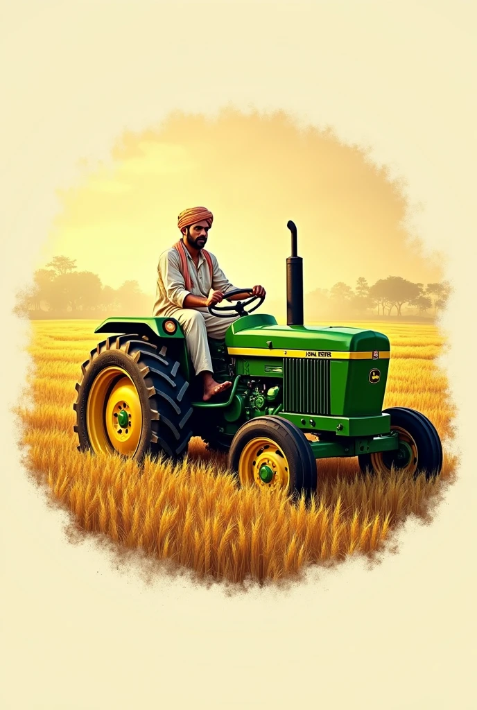 create a professional logo named " Yadav Krishi form" A farmer human in John Deere tractor being is a wheat field khada in agriculture in India