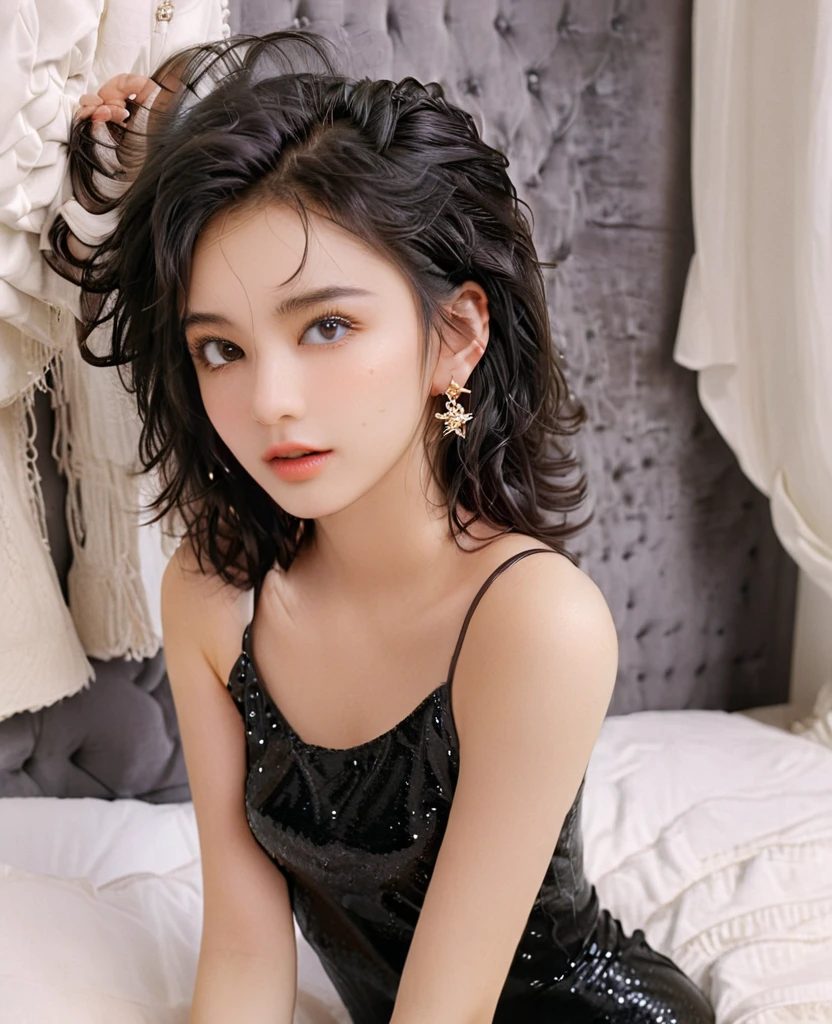 8K,gal，an extremely delicate and beautiful,Beautiful and realistic skin,Shiny jewel-like earrings,Bedhead,like glitter black hair,,beautiful eyes,Fashion Model,full body,tanktop,shortshorts